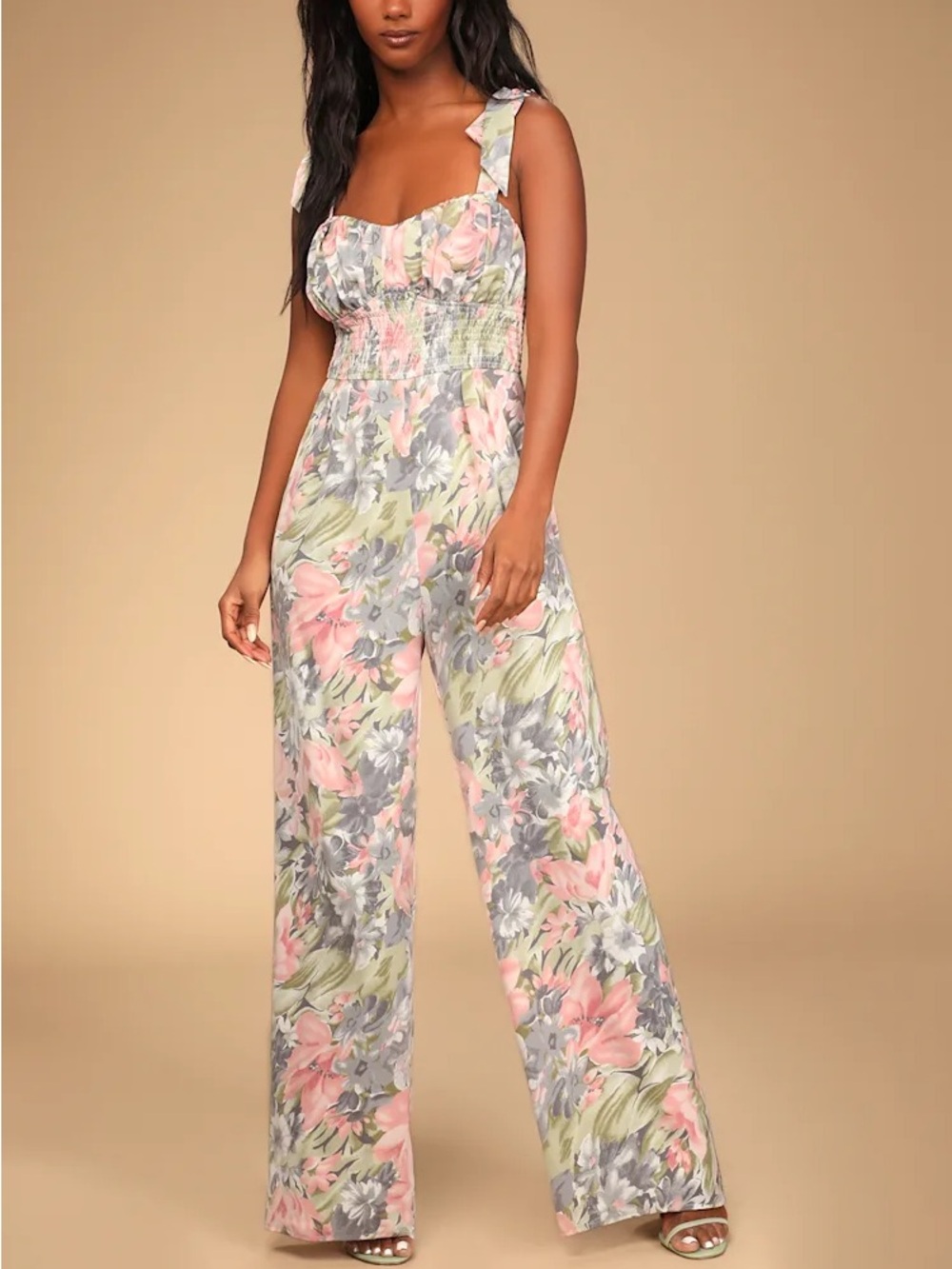 NWOT Exquisite Outing Pink Floral Print Tie-Strap Wide-Leg Jumpsuit